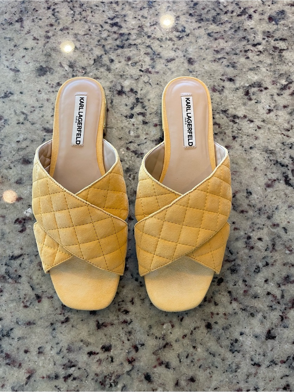 Like New Karl Lagerfeld Paris “Rae” suede Quilted Yellow Slide Mules 9.5